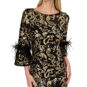 Adrianna Papell Black and Gold Long Sleeve Dress